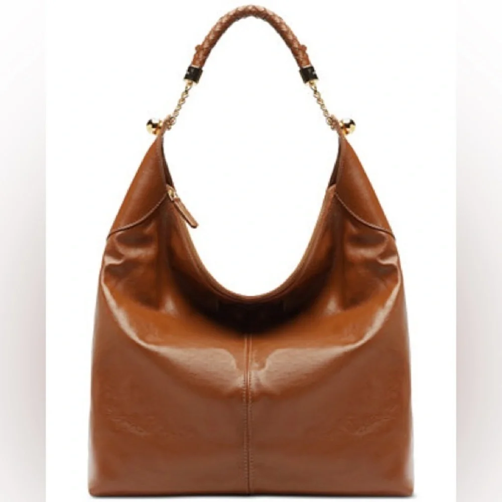 Women's Hobo Bag, Caramel Leather, Large, Brown Braided Strap, Arezzo